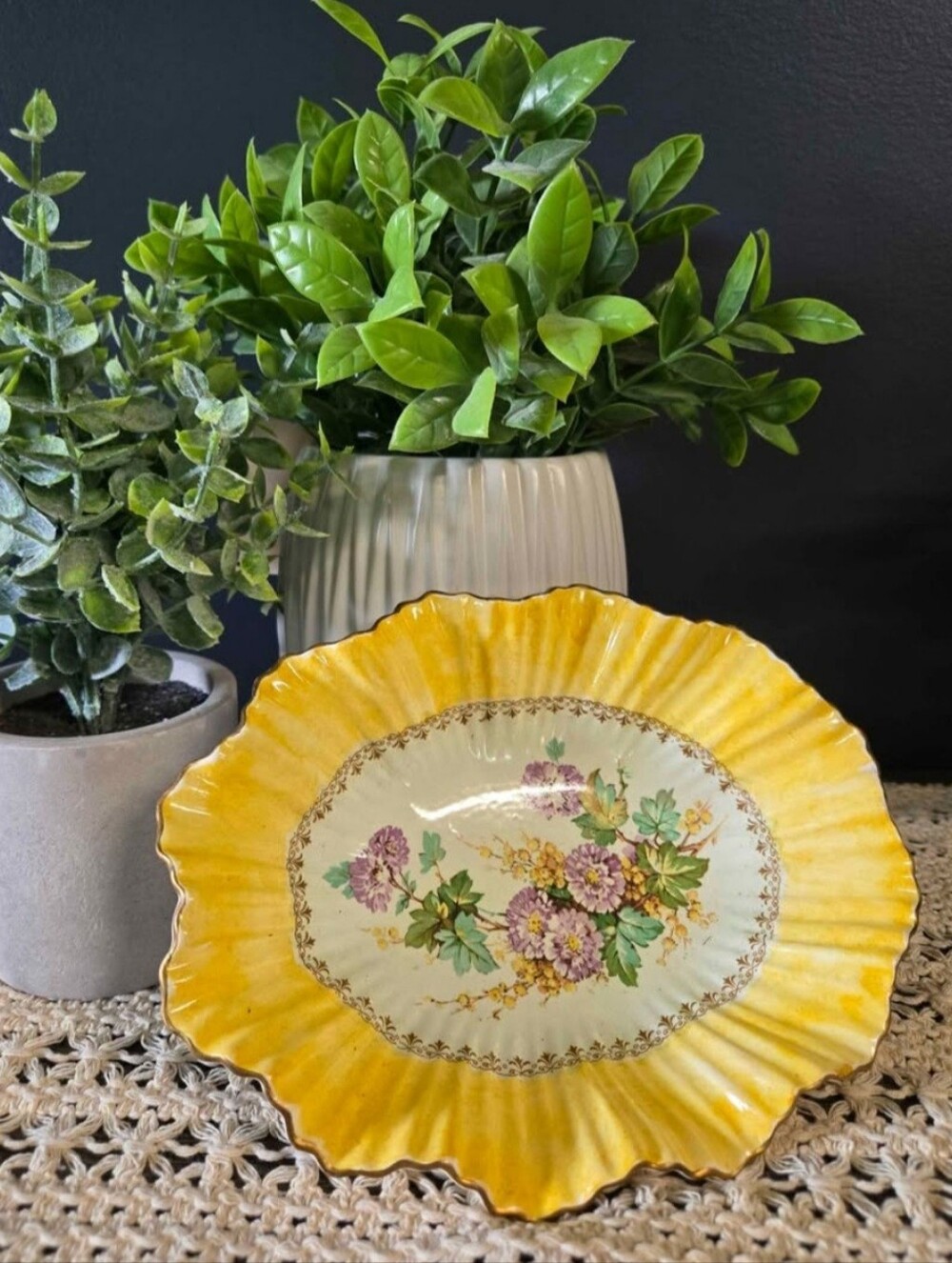 Vintage James Kent Ltd. Fenton England Floral Serving Bowl | Yellow Fluted Edge